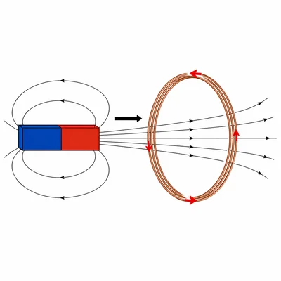 A bar magnet moving toward a wire coil, with magnetic field lines passing through the coil and induced current arrows.
