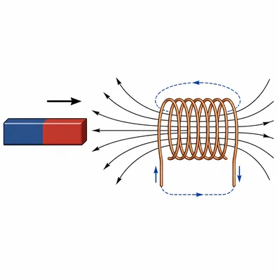 A magnet approaching a coil while the coil creates an opposing magnetic field, illustrating Lenz’s law.