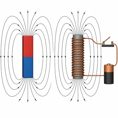 A permanent bar magnet shown beside an electromagnet made from a coil, iron core, battery, and switch.