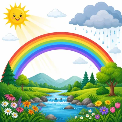 Sunlight and raindrops forming a colorful rainbow.