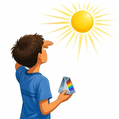 A child avoids looking directly at the bright Sun while using a prism safely.