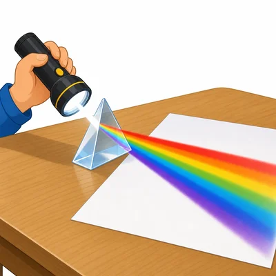 A flashlight shines through a prism, making rainbow colors on white paper.