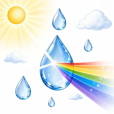 Sunlight passes through water drops and separates into rainbow colors.