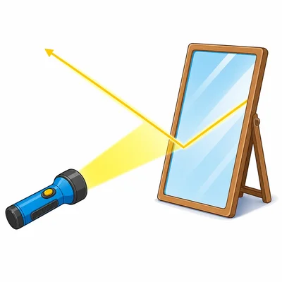 A light beam hits a mirror and bounces away.