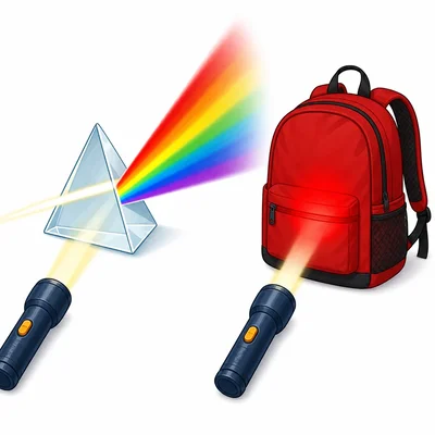 A flashlight through a prism makes rainbow colors, while a flashlight on a red backpack does not.