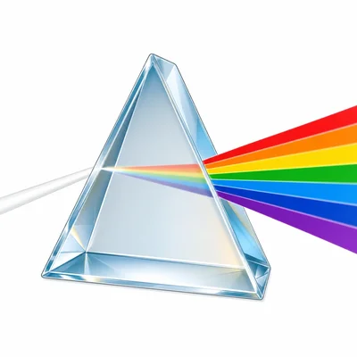 White light enters a prism and exits as a fan of rainbow colors.