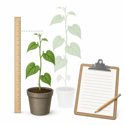 Bean plant measured with a ruler to track growth.