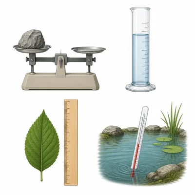 Measurement tools shown with a rock, water, leaf, and pond water.