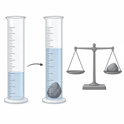 Water displacement in a graduated cylinder after adding a rock.