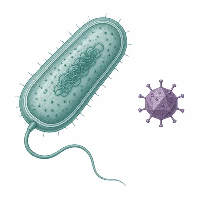 Side-by-side illustration of a bacterium and a smaller virus particle.