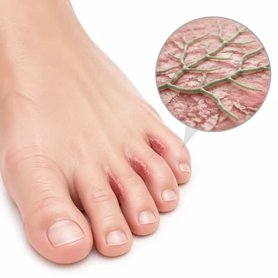 Foot with mild athlete's foot symptoms and a magnified view of fungal threads.