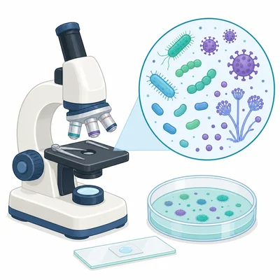 Microscope with a magnified view of bacteria, viruses, and fungal spores.