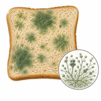 A slice of bread with fuzzy green mold and a magnified view of fungal threads and spores.