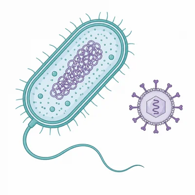 Comparison of a bacterial cell with internal structures and a smaller virus particle.