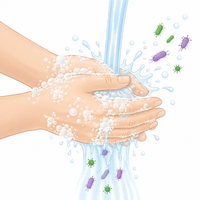 Hands being washed with soap and water as microbes are rinsed away.