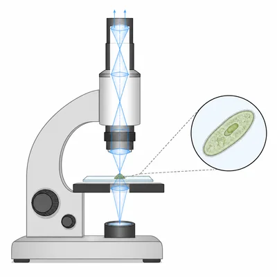 Simplified microscope diagram showing eyepiece, objective lens, slide, light path, and enlarged specimen.