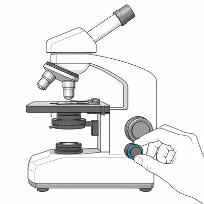 Microscope at high power with a hand using the smaller fine-focus knob.