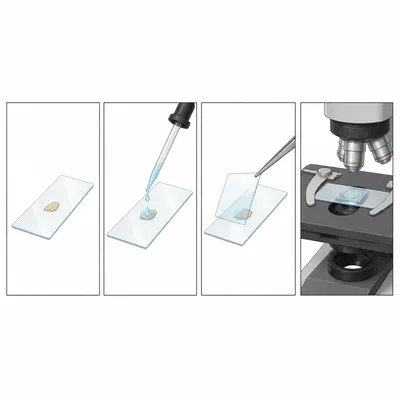 Four-step wet mount sequence showing specimen, water drop, angled coverslip, and slide on microscope stage.