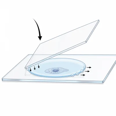 Coverslip lowered at an angle over a wet mount, pushing air bubbles away.