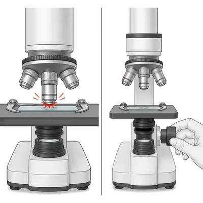 Comparison of unsafe high-power coarse focusing near a slide and safer low-power focusing.