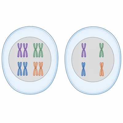 Side-by-side cells showing paired chromosomes in one cell and single chromosomes in another.