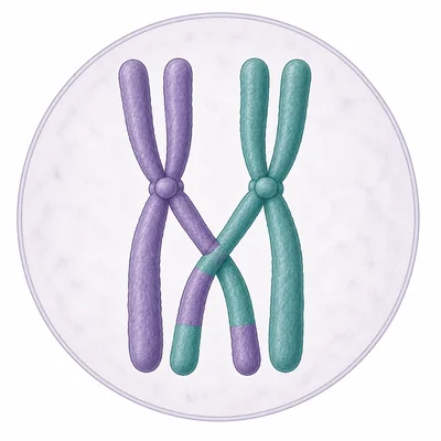 Homologous chromosomes paired and exchanging segments at a crossing-over point.