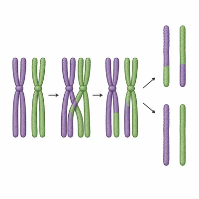 Crossing over creates chromosomes with mixed segments, illustrating genetic variation.