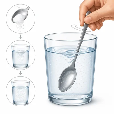 A spoon stirs salt into a glass of water until the salt is evenly dispersed.