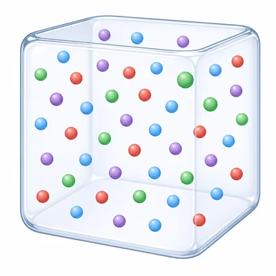 Different gas particles are evenly mixed throughout a container.