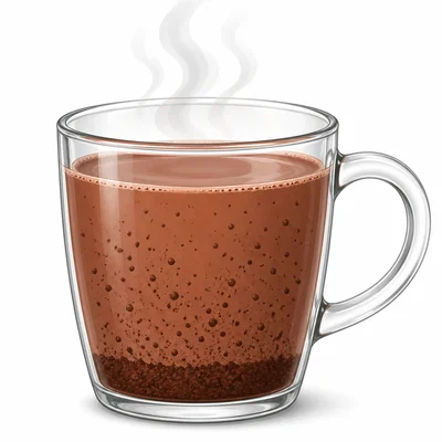 A cup of cocoa shows undissolved powder settled at the bottom.
