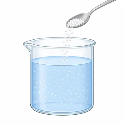 Salt crystals are added to water and spread evenly throughout the beaker.