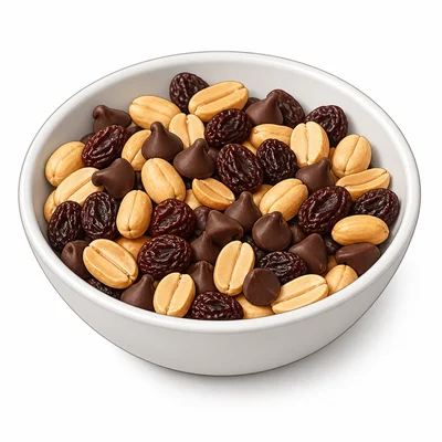 A bowl of trail mix contains separate raisins, peanuts, and chocolate chips.