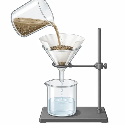 Sand and water are separated using a funnel and filter paper.