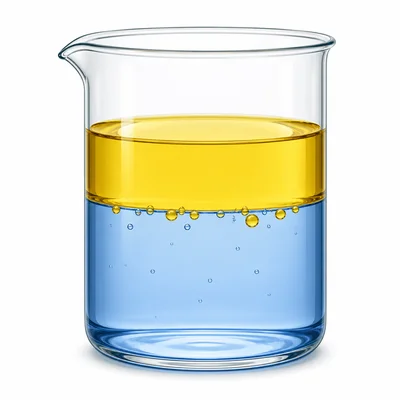 Oil and water separate into two layers in a beaker.