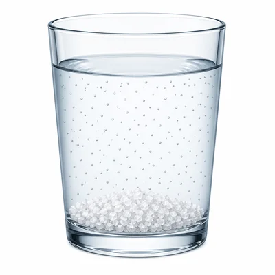 A glass contains dissolved salt particles and extra salt crystals settled at the bottom.