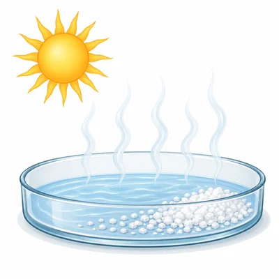 Water evaporates from salt water, leaving salt crystals behind.