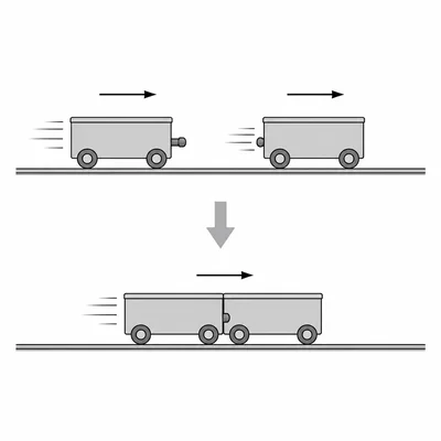 Two carts moving right collide and stick together.