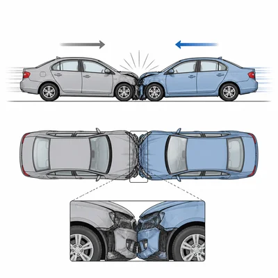Two cars collide head-on and stick together.