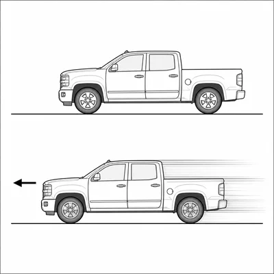 A truck shown at rest and then moving left.