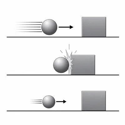 An object moving right faster before a collision and slower after.