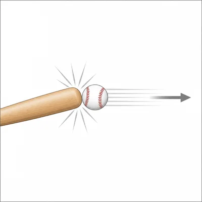 A ball struck by a bat and moving to the right.