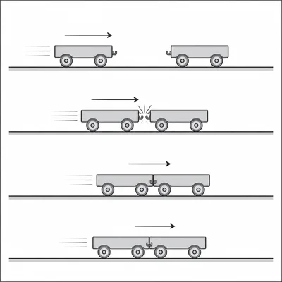 A moving cart collides with a stationary cart and they stick together.