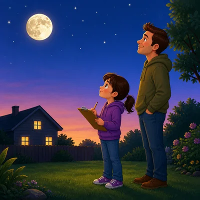 A child records a Moon observation while looking at the night sky with an adult.