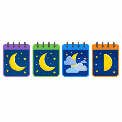 A Moon calendar row shows crescent, crescent, cloudy, and half Moon observations.