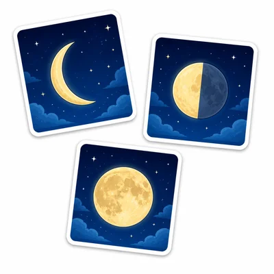Picture cards show a crescent Moon, half Moon, and full Moon.