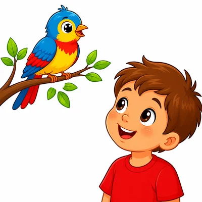 A child looks at a bird in a tree with their eyes.