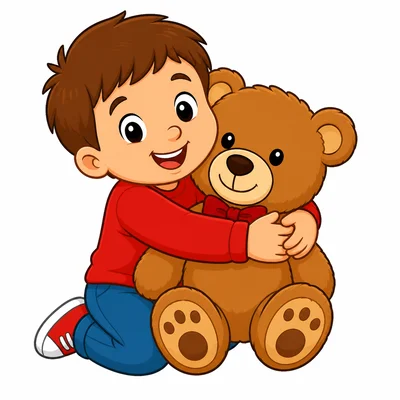 A child uses arms to hug a teddy bear.