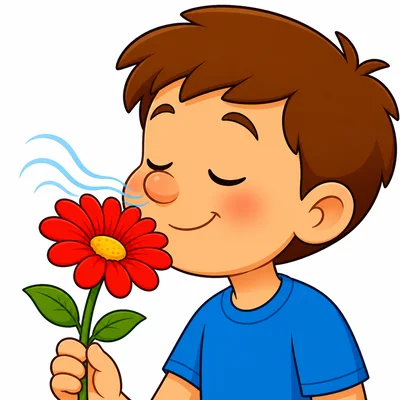 A child uses their nose to smell a flower.