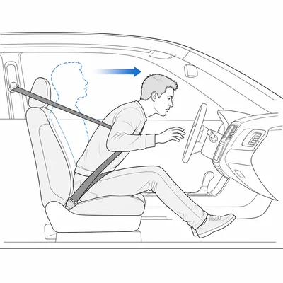 A passenger lurches forward in a car that is stopping suddenly.
