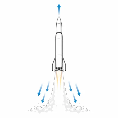 A rocket rises upward as exhaust gases are pushed downward.